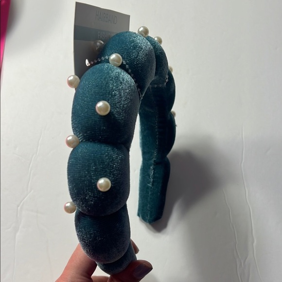 Self care Kit-  Teal Velvet Headband with Pearls with basket and jojoba rose oil - Picture 3 of 13